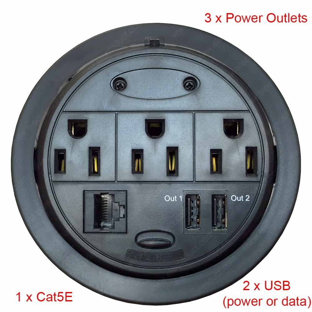 Electric Outlet Round Black (1D-2E-2USB)